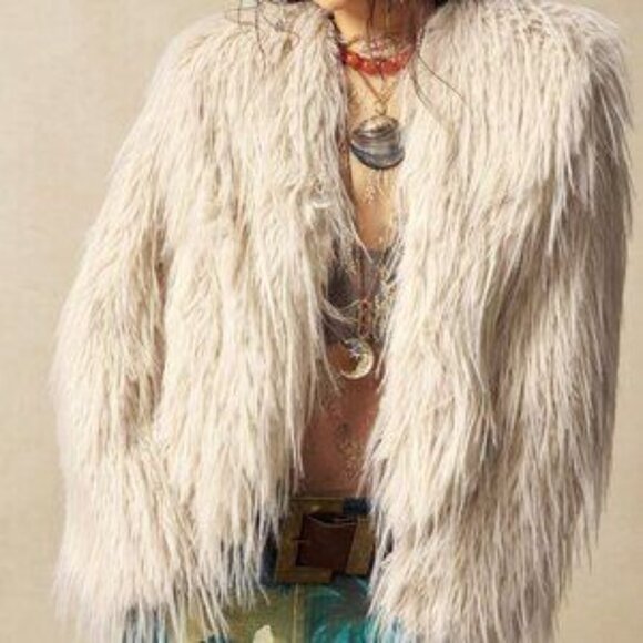 Biege Women's Boho Faux Fur Long Sleeve Jacket - Picture 5 of 10